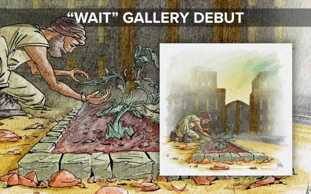 Picture of artwork titled "Wait" of a man leaning down tending a garden plant in the foreground of a walled city with the gates closed