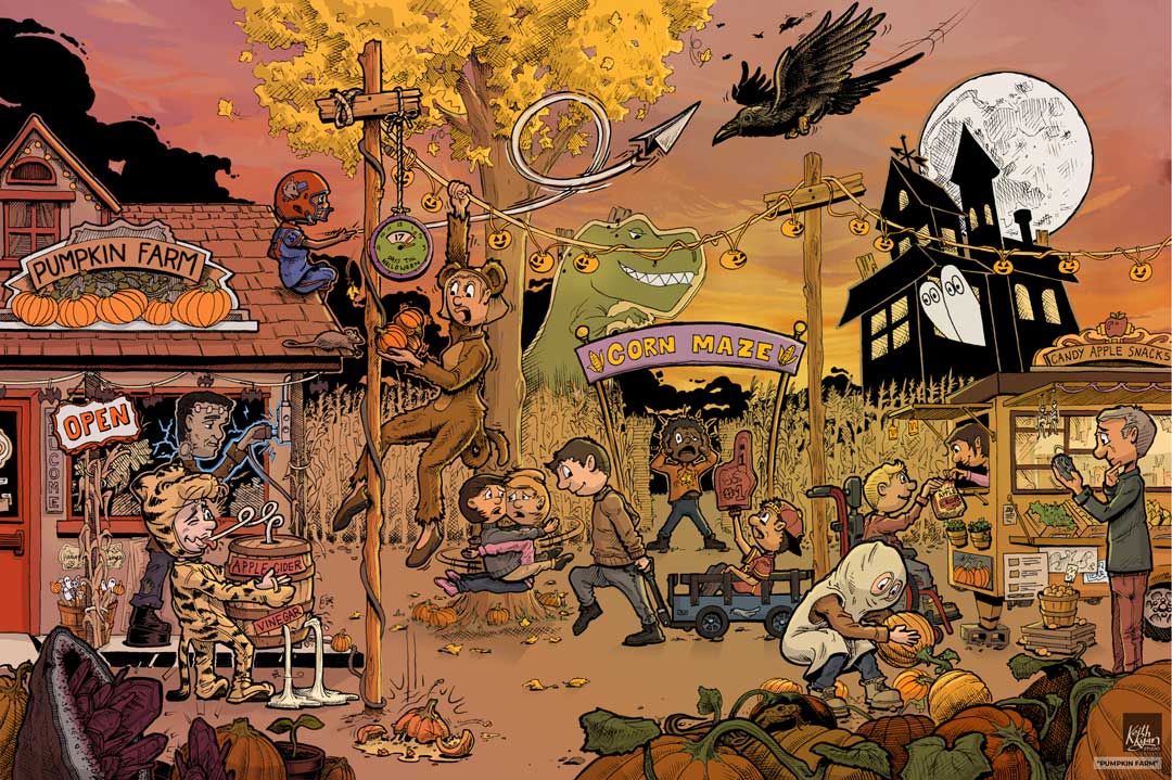 An illustration of a pumpkin farm with many people interacting and dressed up in costumes, picking pumpkins, drinking apple cider and going to the corn maze