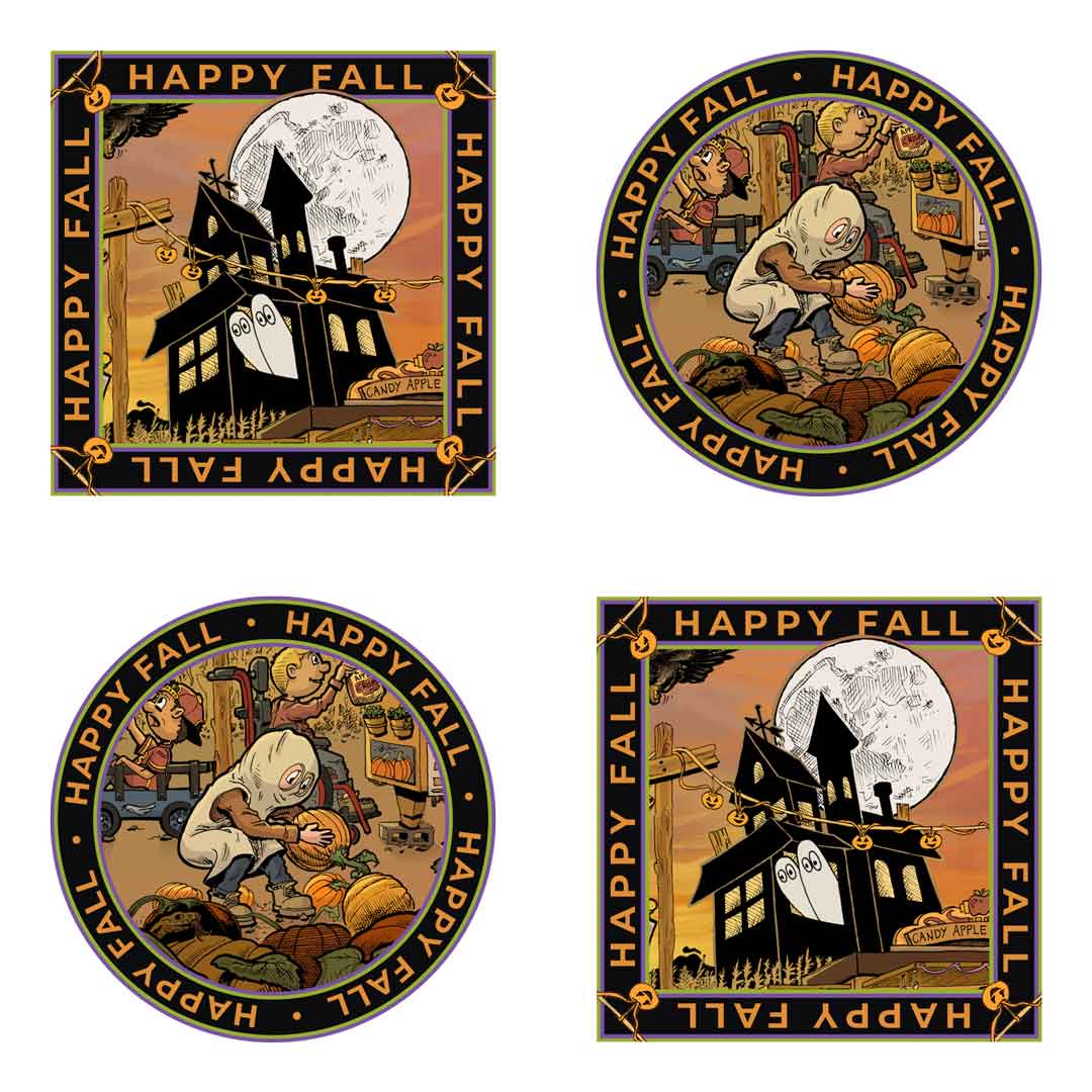 an image of a "Happy Fall", illustrated 4 sticker pack. Two of each, one of a boy dressed in a ghost costume picking out a pumpkin from a pumpkin patch, the other of a spooky house with a moon behind it