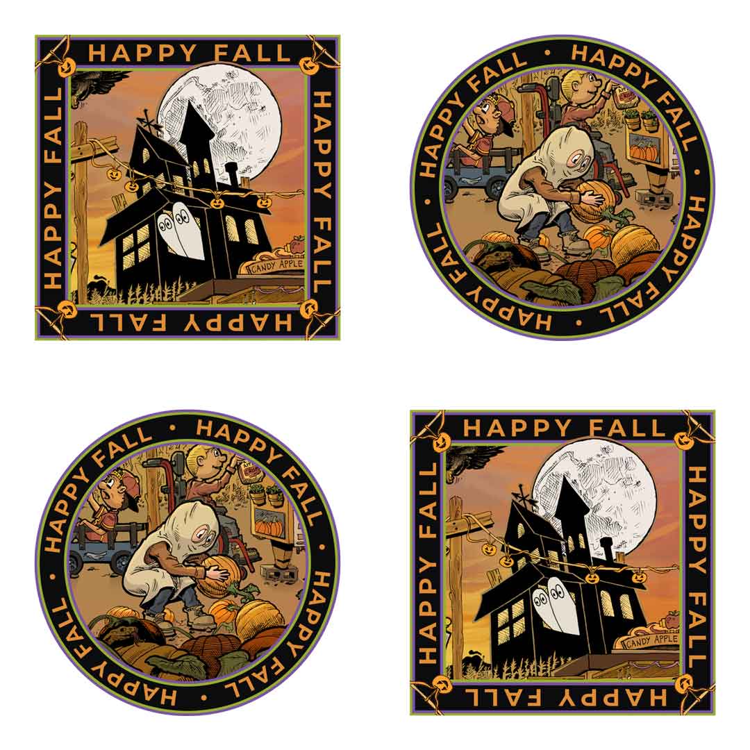 an image of a "Happy Fall", illustrated 4 sticker pack. Two of each, one of a boy dressed in a ghost costume picking out a pumpkin from a pumpkin patch, the other of a spooky house with a moon behind it