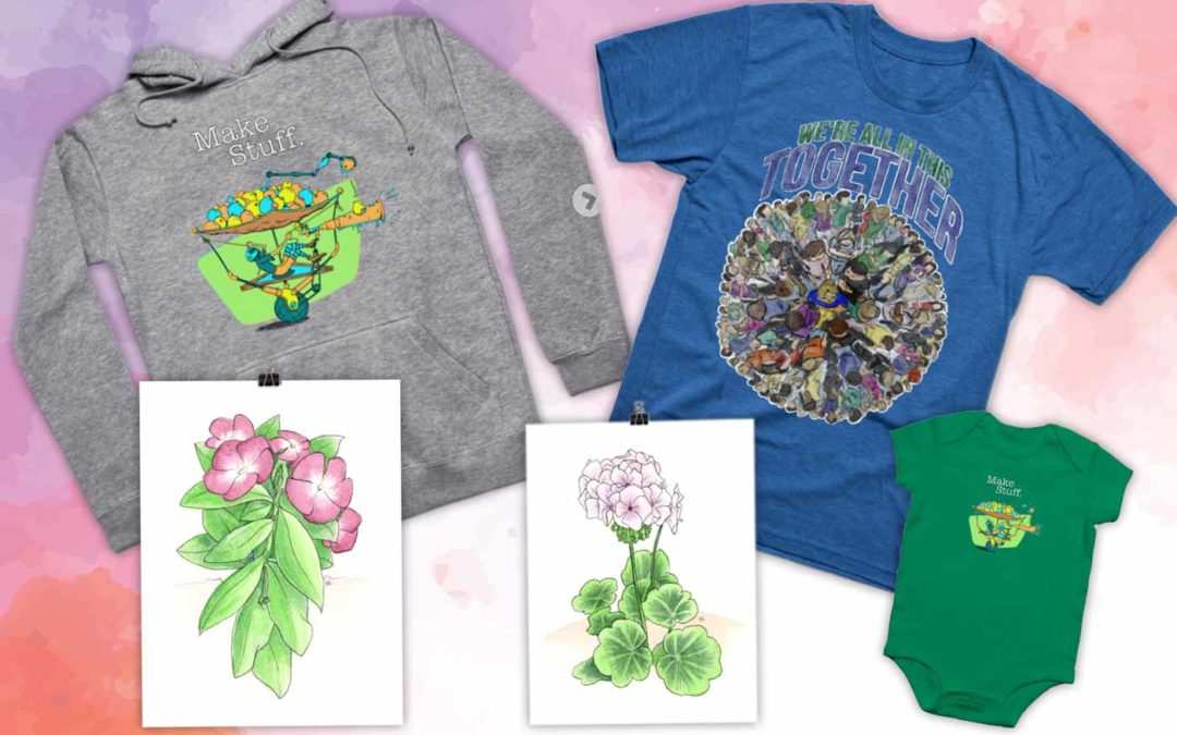 An image of two designs on 3 shirts, one of a earth saying "We're all in this together" another of a whimsical inventor riding his invention that says "Make stuff", along with to art prints of flowers