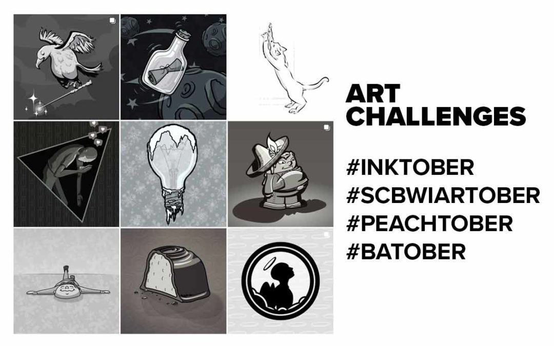 Nine pictures of artwork for this years October art challenges: inktober, peachtober,batober, scbwiartober . The artworks are of: a bird, a message in a bottle, a cat, a person on social media, a frozen lightbulb, a mariachi, a guy on the ground, a bonbon, and an angel