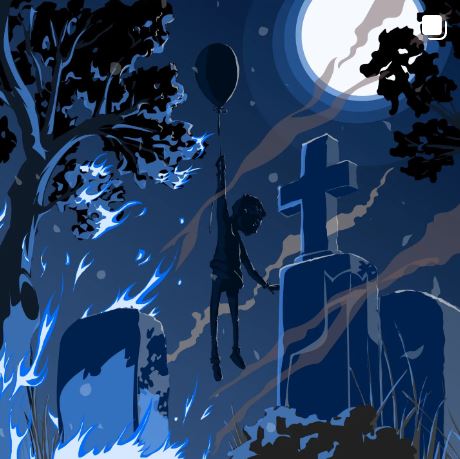 illustration of a kid floating away from a graveyard holding onto a balloon