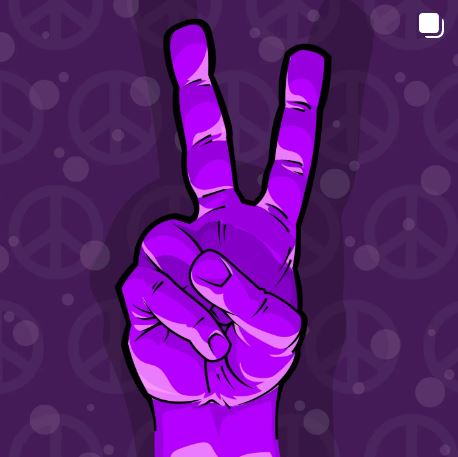 Illustration of a purple hand giving a peace sign