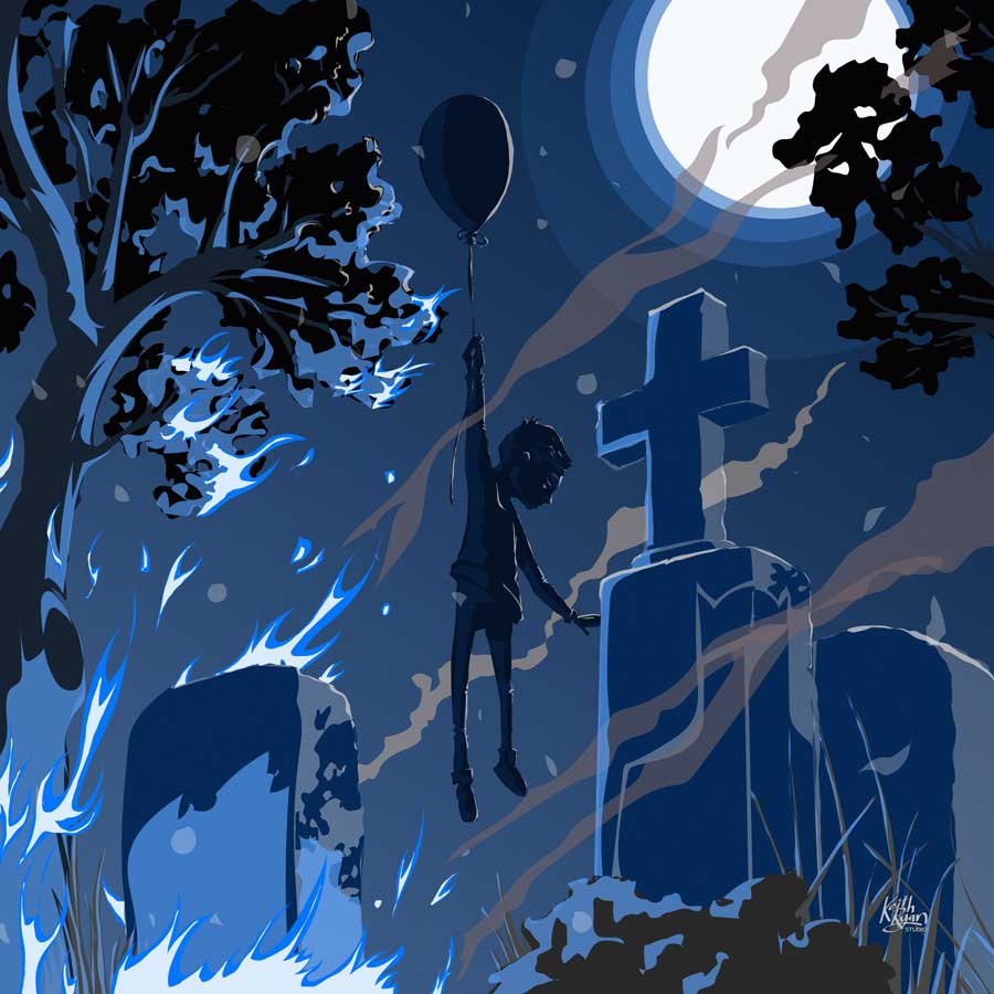 A fall themed artwork of a graveyard, fire and a child being lifted by a balloon