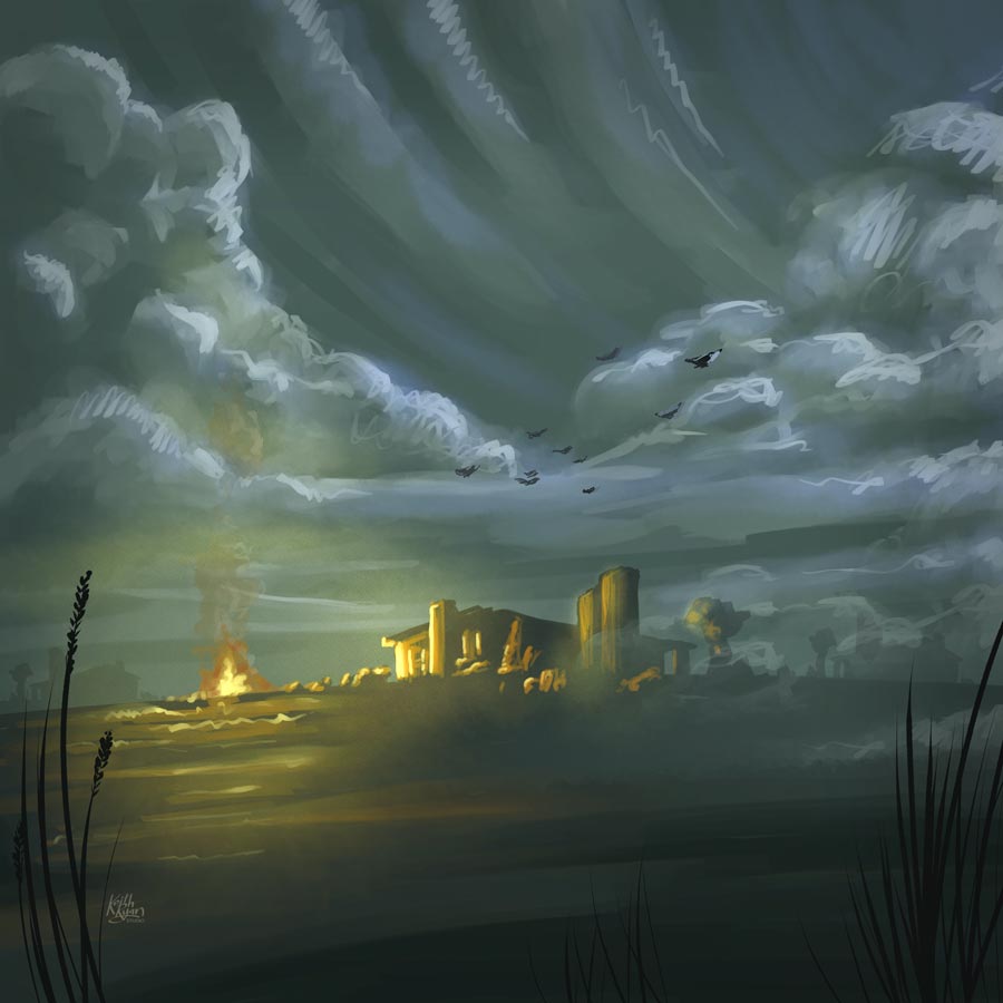 An art print of a cozy autumn night with campfire near a home