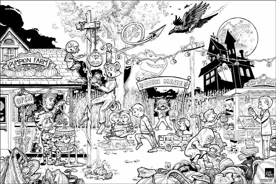 Pumpkin Farm Illustration black & white art print