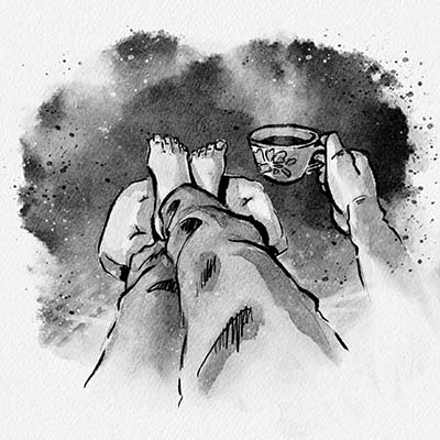 coffee chill person 01 person relaxing with a coffee, inky watercolor style illustration. From their first person perspective just showing their legs and bare feet, and arm with coffee