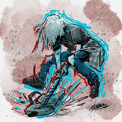 guitar guy 01 Grunge musician breaking a guitar on stage watercolor illustration, high energy