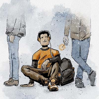 headphone guy 01 Watercolor style digital illustration of a guy waiting in line for something, sitting on the sidewalk