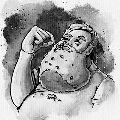 toothpick man 01 ink watercolor digital illustration of a bearded guy picking his teeth with a toothpick with crumbs in his beard