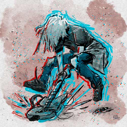 Artwork of a Grunge guitar player smashing his guitar