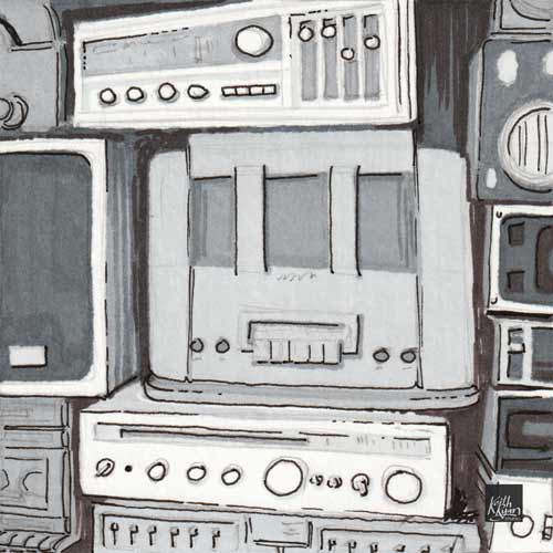 Artwork of the counter at Andy's Records in Grayslake featuring old audio equipment